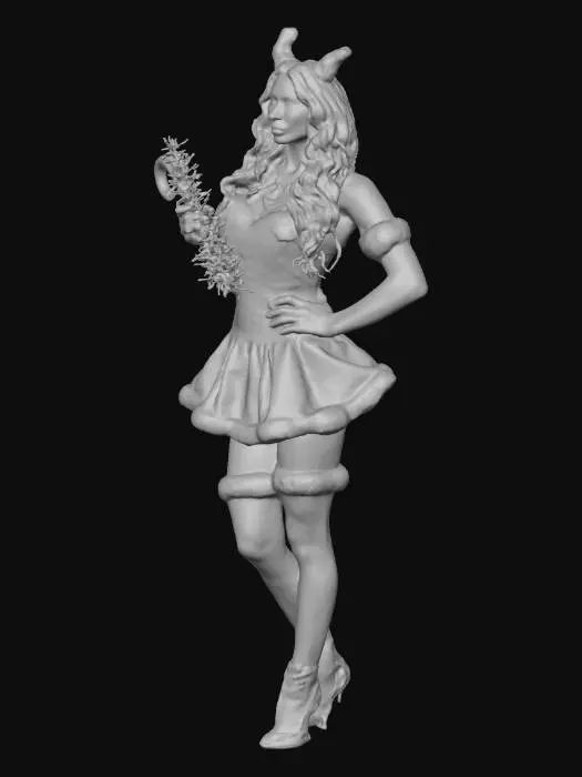 3D model for A naughty Christmas pinup girl winking, holding a candy cane and mistletoe