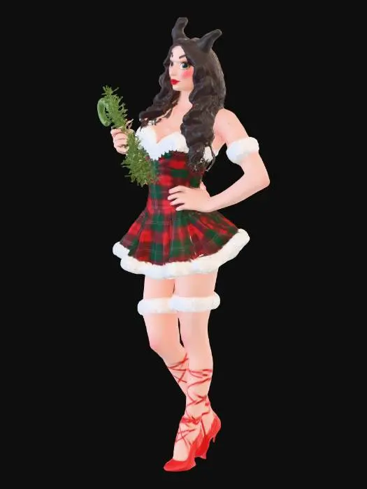 3D model for A naughty Christmas pinup girl winking, holding a candy cane and mistletoe