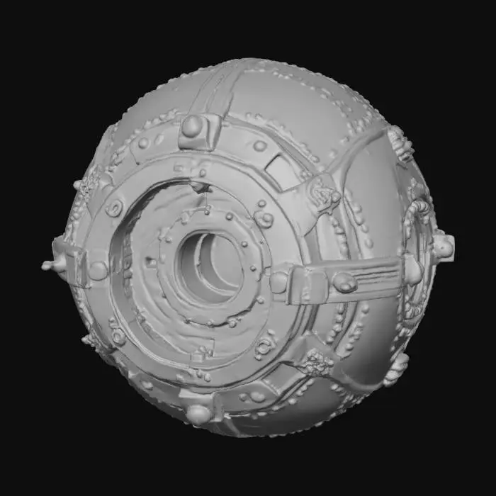 3D model for complex mechanical sphere containing suspended energy core, copper plating, rotating rings, intricate geometric engravings, cinematic lighting, photo-realistic material detail, eerie ambient glow