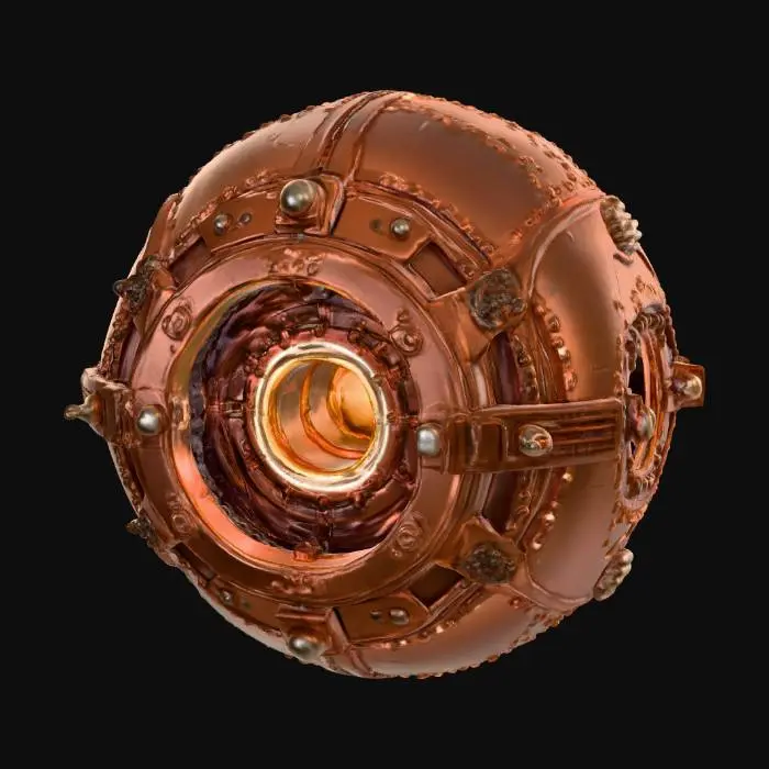 3D model for complex mechanical sphere containing suspended energy core, copper plating, rotating rings, intricate geometric engravings, cinematic lighting, photo-realistic material detail, eerie ambient glow