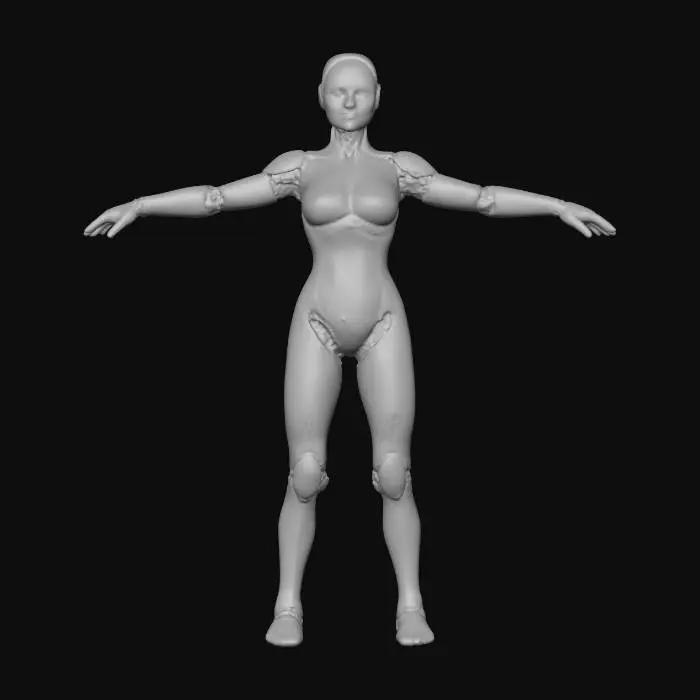 3D model for full-body humanoid female android, standing upright in balanced pose, life-sized scale, elegantly proportioned body with subtle feminine curves and sculptural symmetry, translucent synthetic skin layered over smooth alloy structure, faint internal amber glow from chest core, integrated plating resembling minimal futuristic clothing, soft facial features with calm expression, illuminated by cinematic volumetric light in a dim industrial environment, realistic materials, 4k photoreal PBR texturing, evokes beauty and divinity through post-human design