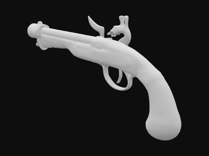 3D model for This is a pirate-style flintlock pistol. The barrel is silver-gray metal with some spots of rust, reinforced by multiple metal hoops or tarnished brass. The stock of the gun is made of weathered driftwood with a few barnicles on the surface, and is reinforced by brass plates and rivets. The overall style has a fantasy atmosphere.