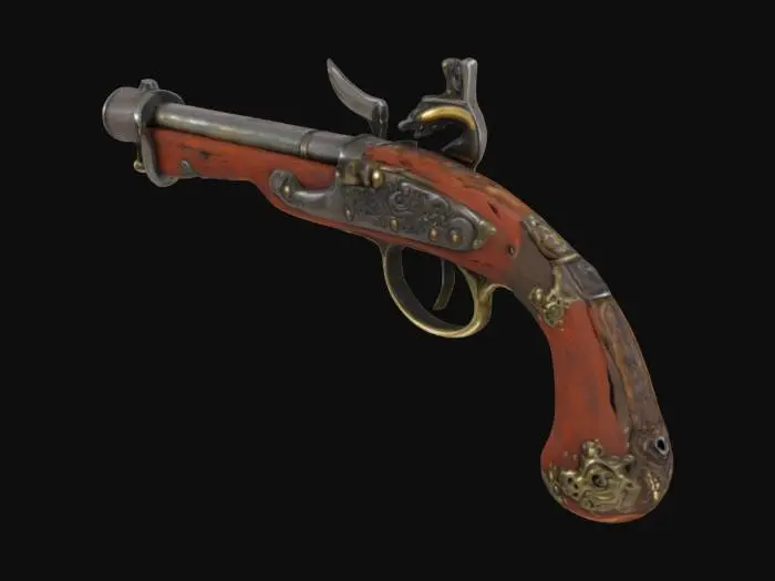 3D model for This is a pirate-style flintlock pistol. The barrel is silver-gray metal with some spots of rust, reinforced by multiple metal hoops or tarnished brass. The stock of the gun is made of weathered driftwood with a few barnicles on the surface, and is reinforced by brass plates and rivets. The overall style has a fantasy atmosphere.