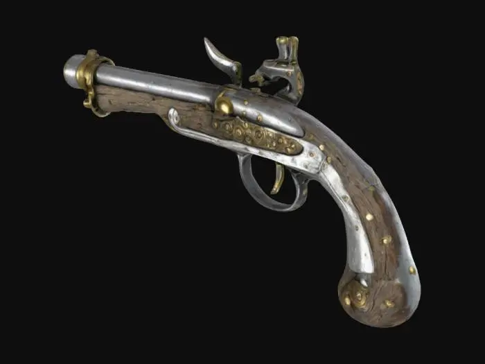 3D model for This is a pirate-style flintlock pistol. The barrel is silver-gray metal with some spots of rust, reinforced by multiple metal hoops or tarnished brass. The stock of the gun is made of weathered driftwood with a few barnicles on the surface, and is reinforced by brass plates and rivets. The overall style has a fantasy atmosphere.