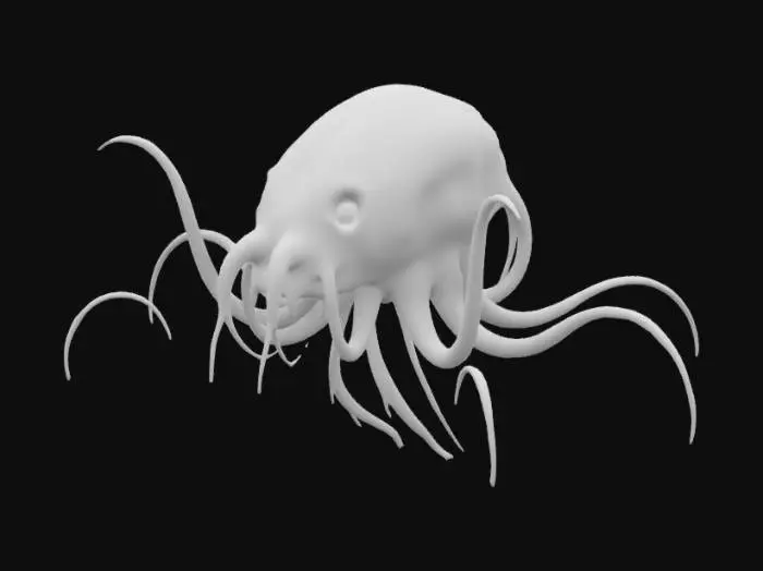 3D model for "A dark and eerie underwater lair, illuminated by faint bioluminescent algae and glowing crystals. The cavern is vast, with towering stalactites and stalagmites covered in slime and strange runes. In the center of the lair, a massive Aboleth floats menacingly, its slimy, tentacled body glowing faintly with psychic energy. Its three glowing red eyes pierce through the darkness, exuding an aura of ancient malevolence." 