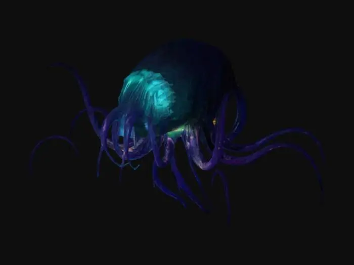 3D model for "A dark and eerie underwater lair, illuminated by faint bioluminescent algae and glowing crystals. The cavern is vast, with towering stalactites and stalagmites covered in slime and strange runes. In the center of the lair, a massive Aboleth floats menacingly, its slimy, tentacled body glowing faintly with psychic energy. Its three glowing red eyes pierce through the darkness, exuding an aura of ancient malevolence." 