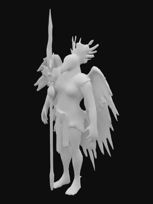 3D model for "A majestic male Aarakocra with vibrant feathers in a mix of gold, orange, and deep blue. Its sharp, piercing yellow eyes and strong, slightly curved beak exude confidence and strength. The body is sleek yet muscular, with large wings spread wide, showcasing its power and agility. It wears lightweight armor made of leather and metal, adorned with tribal patterns that reflect its clan's culture. In its talons, it holds a long spear carved with symbols of wind and lightning. 