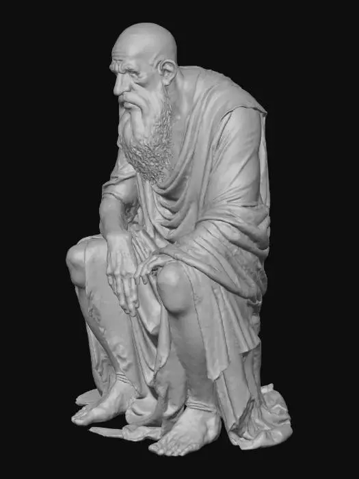 3D model for монолитная древняя сильно разрушенная скульптура сидящий бородатый старец, злобный и гротескный