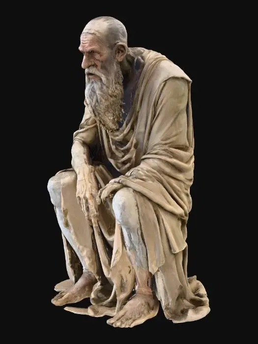 3D model for монолитная древняя сильно разрушенная скульптура сидящий бородатый старец, злобный и гротескный