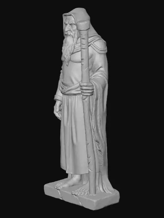 3D model for #Halloween2025#, An ancient monolithic stone sculpture of a sullen old man sitting in a deep hood, with a long, chipped beard, holding a broken stone sword on his knees. There are cracks everywhere, debris underfoot and at the base of the sculpture.