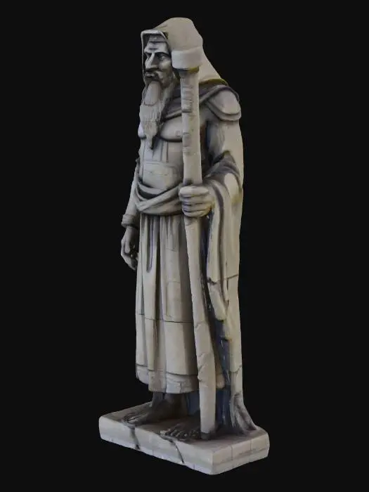 3D model for #Halloween2025#, An ancient monolithic stone sculpture of a sullen old man sitting in a deep hood, with a long, chipped beard, holding a broken stone sword on his knees. There are cracks everywhere, debris underfoot and at the base of the sculpture.