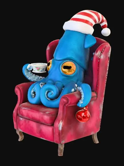 3D model for Create an image: a blue squid with large bright orange eyes sits in an old, worn cherry-colored plush armchair, drinking tea from an elegant cup held in its tentacle. Another tentacle holds a red glass Christmas tree ball.
The squid is wearing a Christmas hat on its head., #Christmas2025#