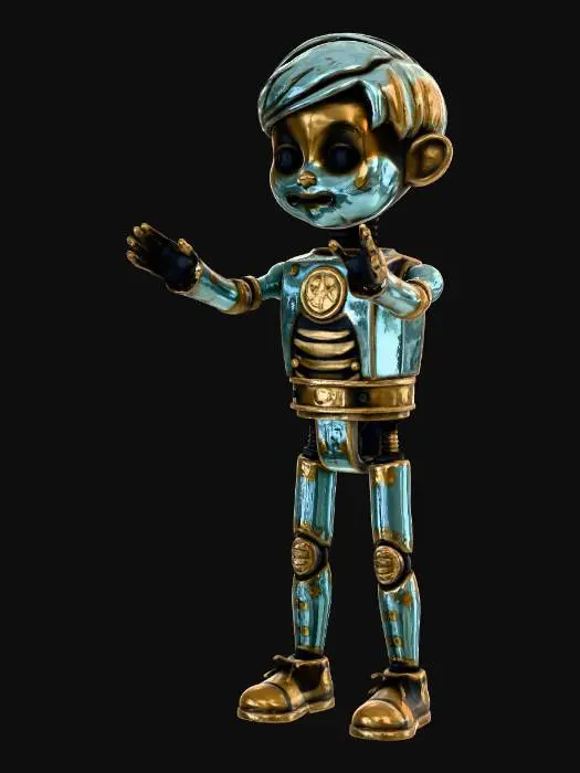 3D model for An uncanny, wind-up puppet child with visible clockwork mechanisms peeking from a stitched torso, brass gears, winding key on the back, mismatched porcelain and fabric face with faint painted features, one hand mechanical, one hand cloth, patched school-style clothing but worn and too large, small threadbare scarf. Low, directional sidelight emphasizing metal reflections and fabric texture, muted steel and sepia palette, slight film grain, 3/4 standing pose, high detail.