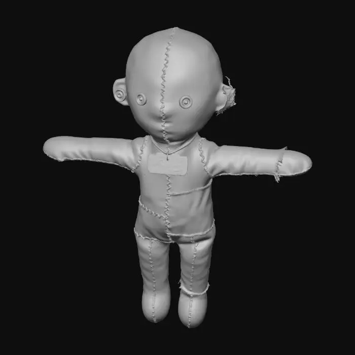 3D model for Portrait of a doll-child sewn from two different dolls: left half pale, right half soot-stained, clear mismatch in fabrics and eye types, visible central seam running top to bottom, one ear buttoned, the other ragged, clothing patched from two distinct garments, small nametag scratched with an unreadable word. Cinematic, cold overhead light, damp shadowed edges, desaturated palette with a faint sickly teal accent, close-framed portrait, rich tactile detail (threads, stains, surface imperfections).