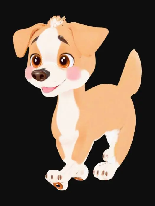 3D model for Un perro cuadrúpedo en estilo dibujo animado, de pie sobre sus cuatro patas, con ojos grandes y expresivos, sonrisa amigable, colores vivos, fondo simple, estilo kawaii, ilustración de alta calidad.