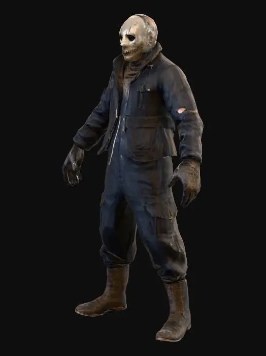 3D model for high quality horror character in A-pose, ultra fine detail full body, facing forward. Wearing a rough, stitched tight burlap sack mask with cut-out eyeholes and a grimy, worn texture.  with a creep type smile where his mouth should be drawn on Dressed in tattered clothing: a tight old black suit with small tears, dirty and worn. He is wearing torn black gloves and dirty black workboots. Arms and legs slightly apart in A-frame pose. Neutral background, no shadows, high detail texture, even lighting. Optimized Male Horror Character For Cinematic Film Scenes. Optimize Model For Mixamo Animation. Human Character Easy To Rig and Animate Via Accurate Skeletal Rig Points.