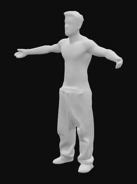 3D model for Stylized cel-shaded male character in a T-pose, shirtless, athletic and muscular build, realistic human anatomy with comic-book exaggeration, thick black outlines and bold shading, slightly gritty style, short hair, neutral expression, wearing rugged cargo pants and boots, no weapons, no armor, full-body, front-facing, symmetrical, high-poly, game-ready 3D model, optimized for rigging, PBR textures, detailed skin and muscles.