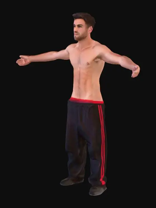 3D model for Stylized cel-shaded male character in a T-pose, shirtless, athletic and muscular build, realistic human anatomy with comic-book exaggeration, thick black outlines and bold shading, slightly gritty style, short hair, neutral expression, wearing rugged cargo pants and boots, no weapons, no armor, full-body, front-facing, symmetrical, high-poly, game-ready 3D model, optimized for rigging, PBR textures, detailed skin and muscles.