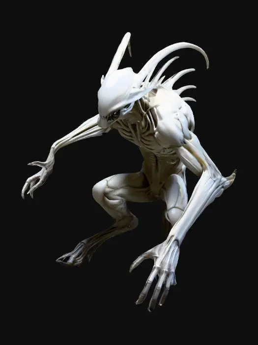 3D model for Concept art of a slender, fast humanoid predator called Stryx. Full body, crouching agile pose, very long limbs. Pale translucent skin, elongated fingers, no eyes — deep dark sockets. Alien ribcage spine crest. Clinging to a stone wall in a dark maze. Eerie, silent, creature design. Hyperrealistic, volumetric lighting, moody atmosphere, ArtStation style.