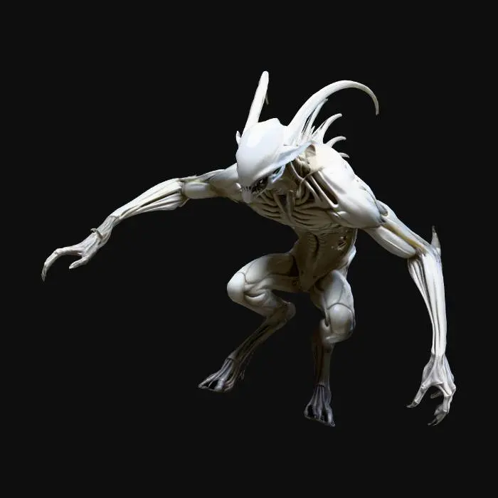 3D model for Concept art of a slender, fast humanoid predator called Stryx. Full body, crouching agile pose, very long limbs. Pale translucent skin, elongated fingers, no eyes — deep dark sockets. Alien ribcage spine crest. Clinging to a stone wall in a dark maze. Eerie, silent, creature design. Hyperrealistic, volumetric lighting, moody atmosphere, ArtStation style.