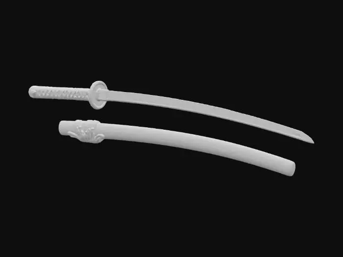 3D model for A traditional katana with a long, curved steel blade featuring a wavy hamon. The black tsuka is wrapped in crisscrossed ito over white ray skin, adorned with gold menuki. A brass habaki and dark round tsuba complete the hilt. The saya is glossy black lacquered wood, gently curved to match the blade, with a black sageo cord tied at the kurikata. Elegant, balanced, and faithful to classic Japanese sword design.