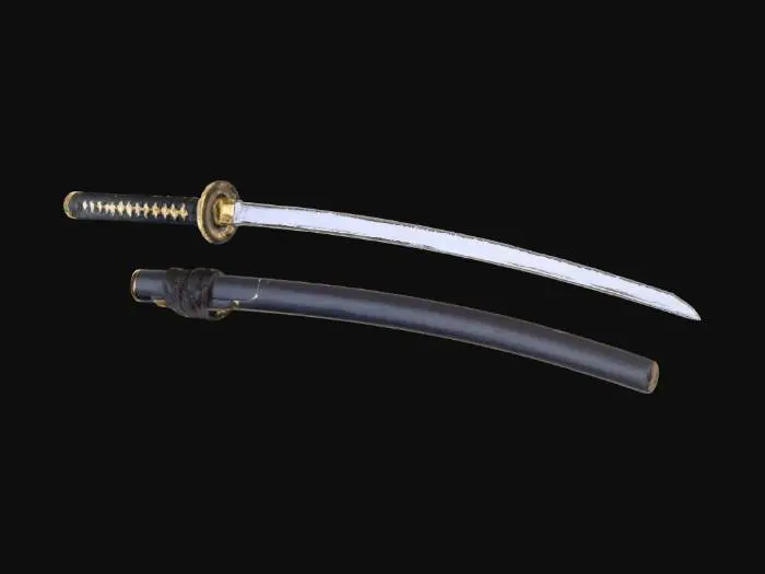 3D model for A traditional katana with a long, curved steel blade featuring a wavy hamon. The black tsuka is wrapped in crisscrossed ito over white ray skin, adorned with gold menuki. A brass habaki and dark round tsuba complete the hilt. The saya is glossy black lacquered wood, gently curved to match the blade, with a black sageo cord tied at the kurikata. Elegant, balanced, and faithful to classic Japanese sword design.