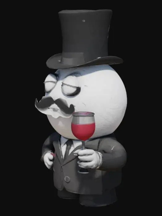 3D model for A rounded like a sir meme holding a wine glass arms are thicker wearing a top hat and a monocle in right eye