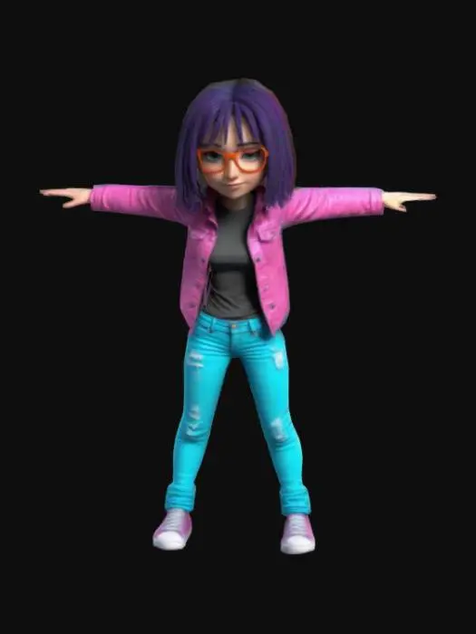 3D model for 3D cartoon style cool T-pose female teen wearing cool colored funky jeans and jacket
