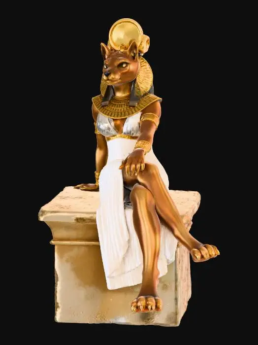 3D model for The Egyptian goddess Bast sits on the ground with her legs stretched out. Sunbathing, catching the sun's rays, full of grace and sex appeal. Tempting with her charm.