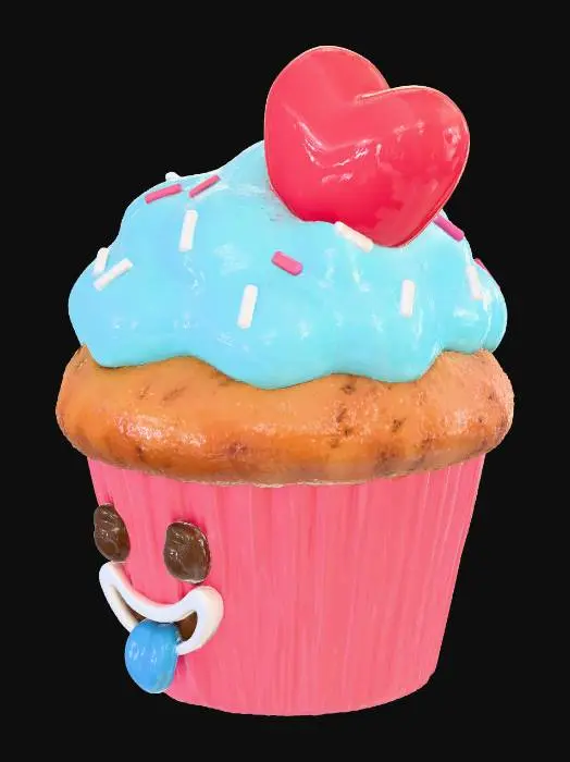 3D model for muffinka z usmiechem z boku i serduszkiem na gorze. obraz 3d tego co jest w refferencjach