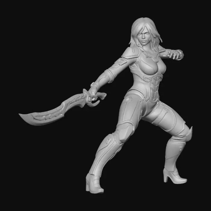 3D model for generate a realistic buxom brunette female in skimpy sci-fi outfit wielding a exceptionally long sleek magitech scimitar