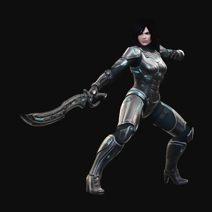 3D model for generate a realistic buxom brunette female in skimpy sci-fi outfit wielding a exceptionally long sleek magitech scimitar