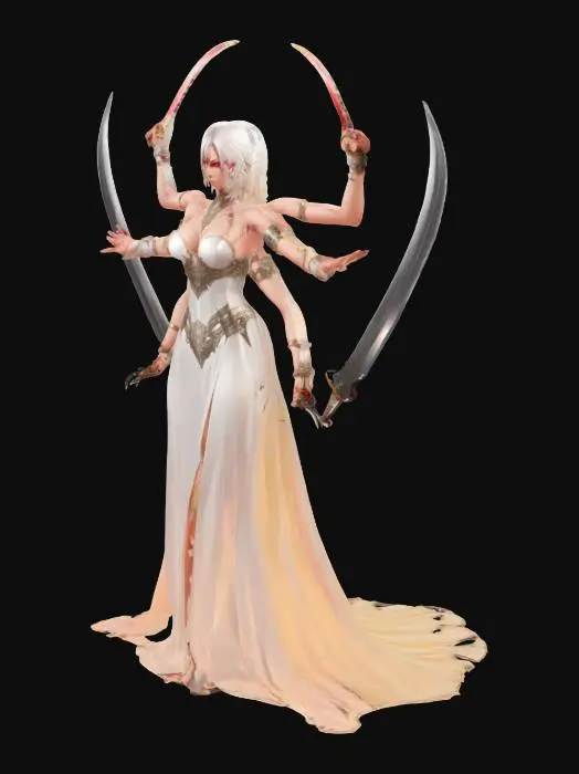 3D model for a beautiful women who is also a boss of the game whom hero have to fight she have 4 arms each equipped with swords and is wearing a gown she is pale with red eyes and have to legs 