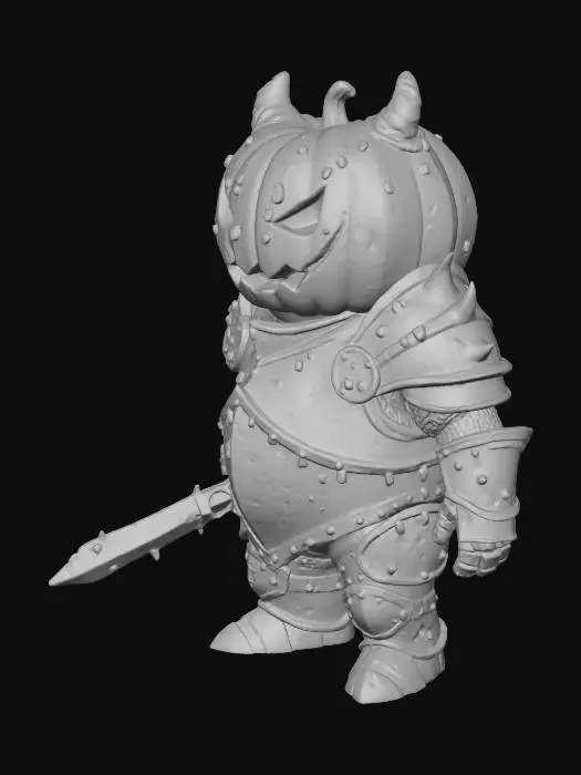 3D model for stylized 3d model of a small pumpkin-headed demon knight, armor made of bronze and candle wax, glowing eyes, cute but spooky, halloween theme, cinematic lighting