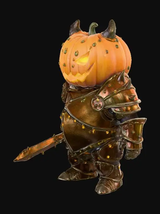 3D model for stylized 3d model of a small pumpkin-headed demon knight, armor made of bronze and candle wax, glowing eyes, cute but spooky, halloween theme, cinematic lighting