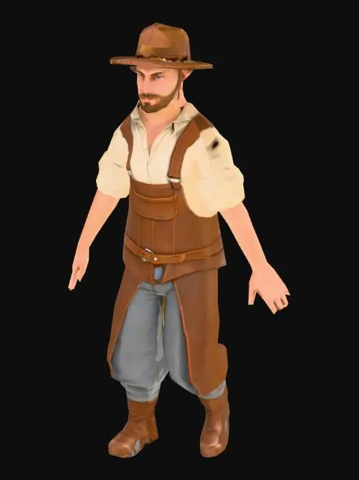 3D model for low poly human male mediaval worker leather hat and no tools in t-pose