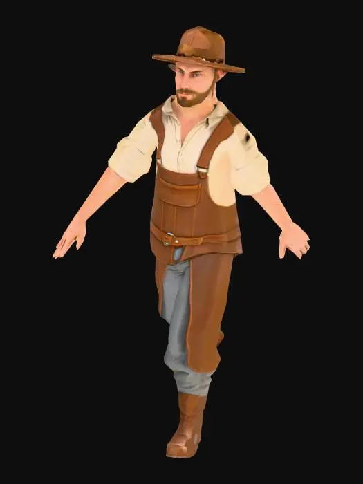 3D model for low poly human male mediaval worker leather hat and no tools in t-pose