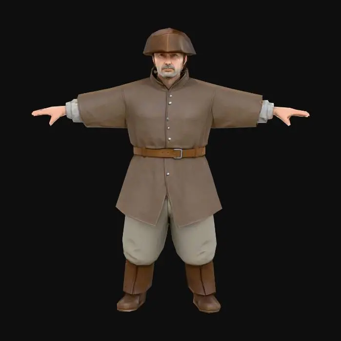 3D model for low poly human male mediaval worker leather hat and no tools in t-pose max 3k polygons no details