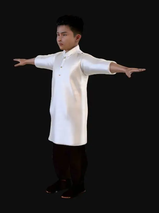 3D model for A realistic 3D model of a young Thai boy attending a Buddhist meditation camp, wearing a traditional white outfit with a plain short-sleeve shirt and loose white pants, barefoot, short black hair, serene but subtly uncanny facial expression, standing in three separate neutral rig-friendly poses (T-pose, A-pose, relaxed idle pose), full body, detailed fabric folds, photorealistic PBR textures, soft studio lighting, plain neutral background, uncanny valley realism with slightly unsettling proportions or skin detail