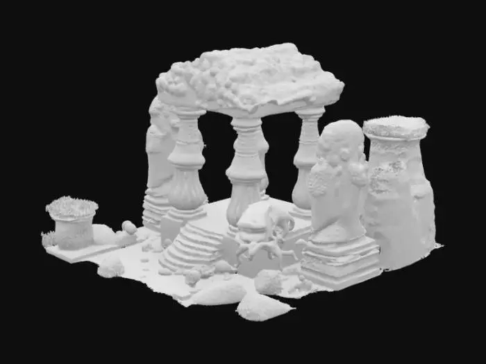 3D model for Underwater ancient temple with coral-covered stone pillars, glowing algae, sunrays filtering from ocean surface. In the center, a giant marine guardian statue with tentacles, shells, and pearl eyes. Mystical, quiet, deep sea ambiance, scattered ruins and fish swimming around., #ocean#