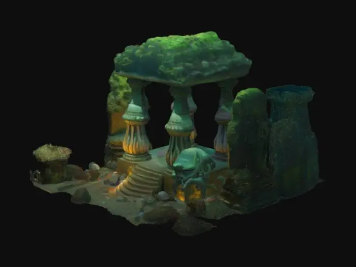 3D model for Underwater ancient temple with coral-covered stone pillars, glowing algae, sunrays filtering from ocean surface. In the center, a giant marine guardian statue with tentacles, shells, and pearl eyes. Mystical, quiet, deep sea ambiance, scattered ruins and fish swimming around., #ocean#
