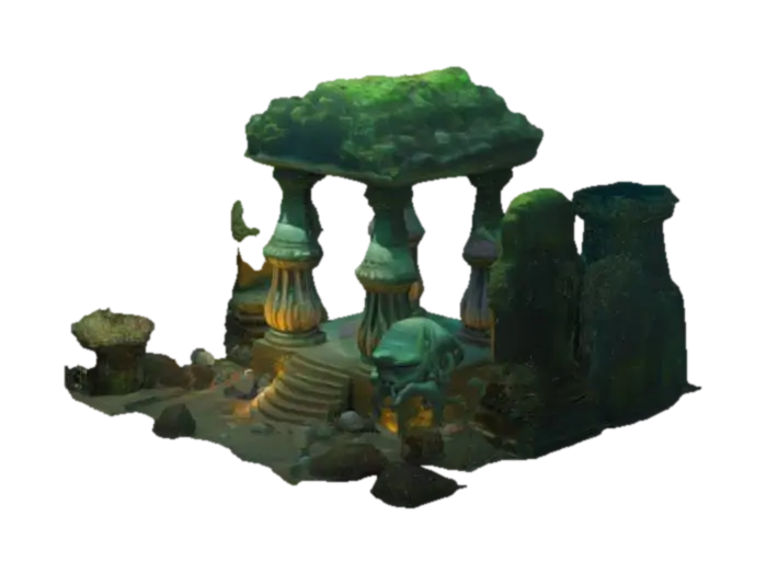 Underwater ancient temple with coral-covered stone pillars, glowing algae, sunrays… 3D model, vytvořený pomocí AI