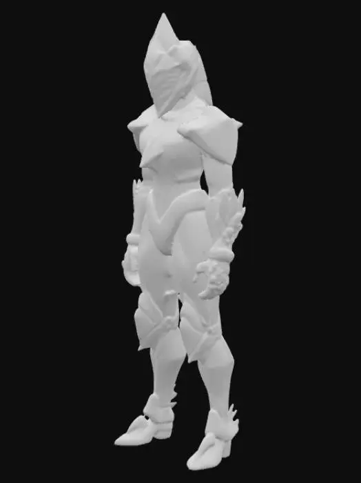 3D model for Uma entidade de cristal blindada e monumental, apresentando uma forma poderosa e estática. Seu corpo vasto é uma confluência de cristais prismáticos que emanam uma luminescência pulsante em tons de rosa, laranja e carmesim, conferindo-lhe uma aparência etérea e sólida. Um capacete de cristal translúcido e angular define sua face. Os membros robustos e brilhantes parecem feitos de vidro polido e pesado, com uma superfície fria e rígida.