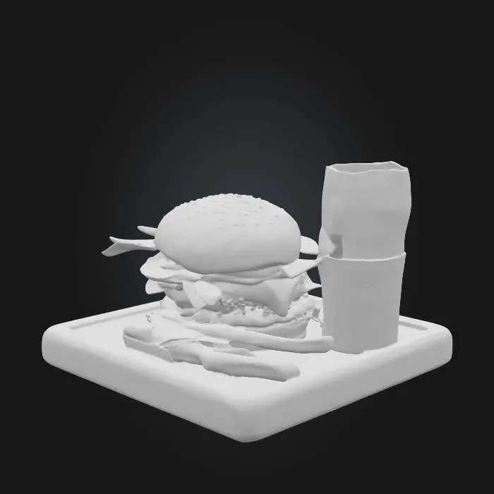 3D model for Fotografia de estúdio em estilo comercial de um combo de hambúrguer gourmet incrivelmente apetitoso, apresentado em uma bandeja retangular de madeira rústica sobre um fundo transparente. O hambúrguer, em primeiro plano, possui pão de gergelim, um hambúrguer de carne grosso e suculento, uma fatia de queijo cheddar derretido, tiras de bacon crocante, maionese, alface fresca e fatias de tomate. Ao lado, uma porção generosa de batatas fritas onduladas, douradas e salgadas. A refeição é completada por um copo de vidro alto com um refrigerante de cola genérico, cheio de gelo e com bolhas visíveis. A iluminação é profissional e brilhante, destacando as texturas e tornando a comida extremamente convidativa, com foco nítido e alta resolução., #food#