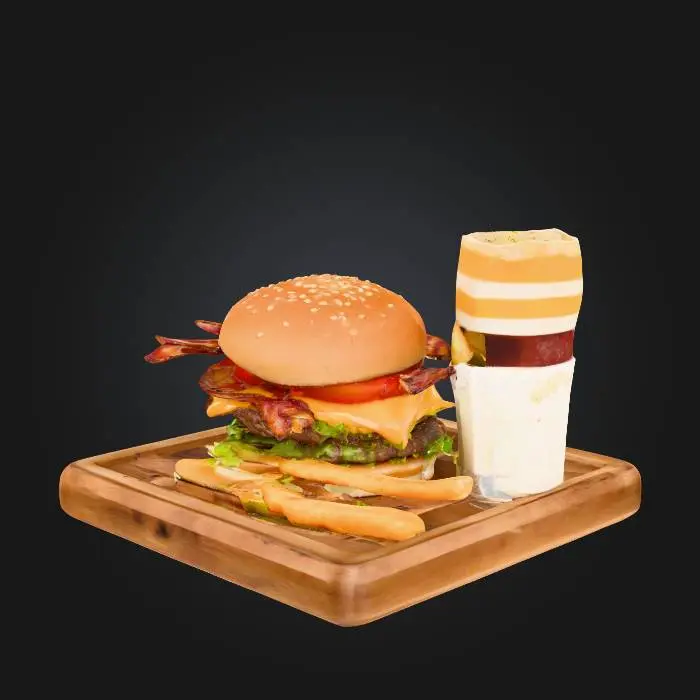 3D model for Fotografia de estúdio em estilo comercial de um combo de hambúrguer gourmet incrivelmente apetitoso, apresentado em uma bandeja retangular de madeira rústica sobre um fundo transparente. O hambúrguer, em primeiro plano, possui pão de gergelim, um hambúrguer de carne grosso e suculento, uma fatia de queijo cheddar derretido, tiras de bacon crocante, maionese, alface fresca e fatias de tomate. Ao lado, uma porção generosa de batatas fritas onduladas, douradas e salgadas. A refeição é completada por um copo de vidro alto com um refrigerante de cola genérico, cheio de gelo e com bolhas visíveis. A iluminação é profissional e brilhante, destacando as texturas e tornando a comida extremamente convidativa, com foco nítido e alta resolução., #food#