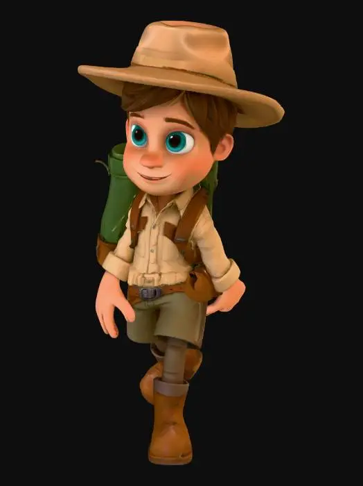 3D model for full-body 3D cartoon explorer boy character in a perfect A-pose (arms slightly downward at 45°, legs shoulder-width, upright and balanced). light brown hair, teal blue eyes, friendly expression. wearing a light khaki shirt, dark brown pants, leather belt and boots, carrying a rolled green travel backpack, wide-brimmed explorer hat, and a small side satchel. stylized cartoon aesthetic, clean proportions, simple textures, soft lighting, pure white background — 3D model reference pose.