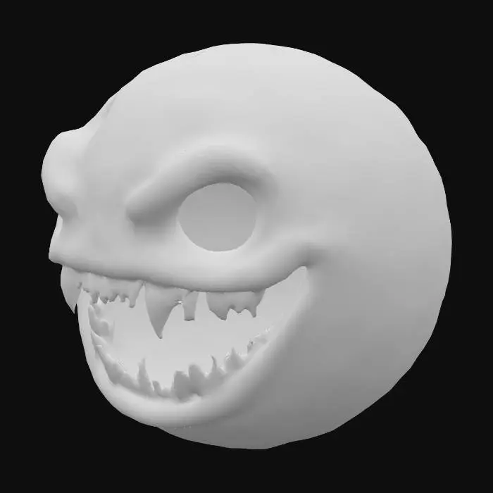 3D model for A realistic moon with its natural craters and rough surface texture, digitally altered to have two hollow eye sockets and a wide, menacing mouth filled with sharp, jagged teeth. The lighting casts part of the moon in shadow, creating a sinister and eerie smile.