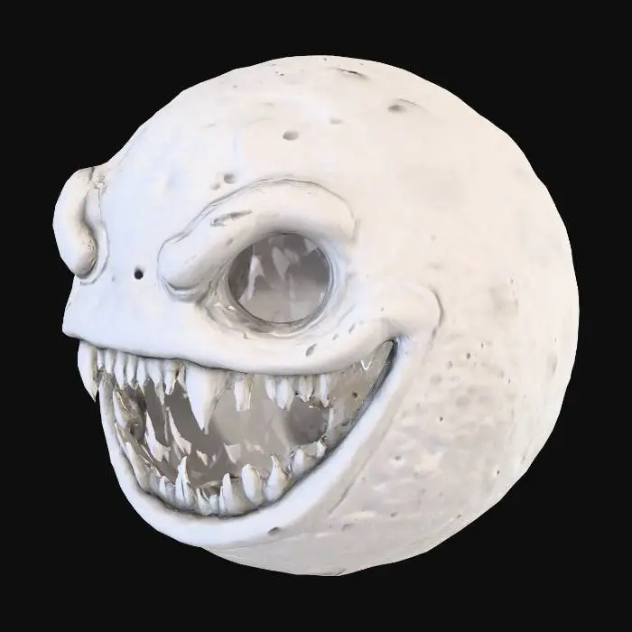3D model for A realistic moon with its natural craters and rough surface texture, digitally altered to have two hollow eye sockets and a wide, menacing mouth filled with sharp, jagged teeth. The lighting casts part of the moon in shadow, creating a sinister and eerie smile.