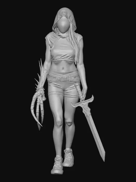 3D model for Ultra-realistic fantasy female Serious Beak assassin, early 20s, slim tall athletic muscular hourglass full body, A-pose arms out, Deadpool woman Hulk Dwayne Johnson build, black red glowing veins, hooded shadowed face long blond ponytail, beautiful lips realistic nose defined eyes subtle makeup. Yellow shiny hazmat crop top large breasts, skimpy black shorts leggings trainers blue sneakers, tattered cloak occult angular jagged armor Crysis Nanosuit, Cthulhu sword, weapons belt backpack. Natural pose floating wraith attack claws out, PBR textures soft lighting. Watertight print-ready mesh for Phrozen Mini 8K, sharp edges high-res.