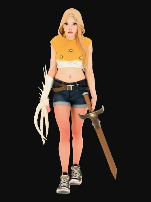 3D model for Ultra-realistic fantasy female Serious Beak assassin, early 20s, slim tall athletic muscular hourglass full body, A-pose arms out, Deadpool woman Hulk Dwayne Johnson build, black red glowing veins, hooded shadowed face long blond ponytail, beautiful lips realistic nose defined eyes subtle makeup. Yellow shiny hazmat crop top large breasts, skimpy black shorts leggings trainers blue sneakers, tattered cloak occult angular jagged armor Crysis Nanosuit, Cthulhu sword, weapons belt backpack. Natural pose floating wraith attack claws out, PBR textures soft lighting. Watertight print-ready mesh for Phrozen Mini 8K, sharp edges high-res.